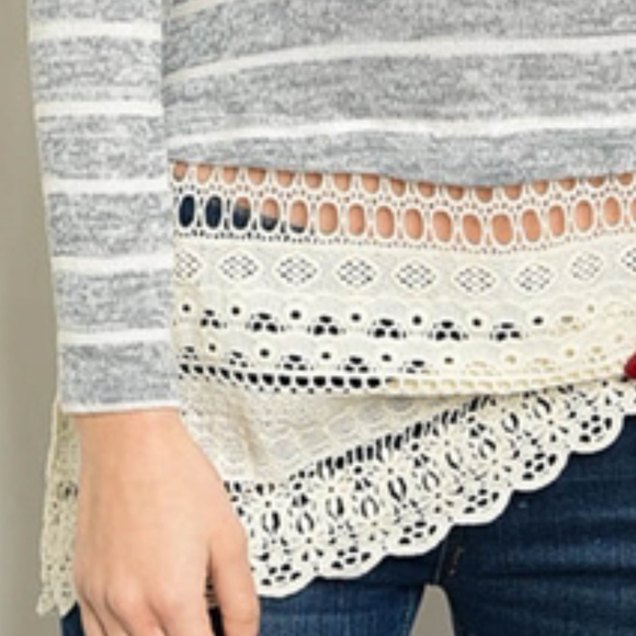 SMALL Grey Striped Long sleeve top Lace /Crochet - Picture 2 of 6